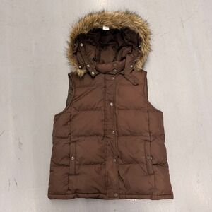Y2K GAP Brown Puffer Vest Hooded Faux Fur Trim Padded Quilted Full Zip Size M